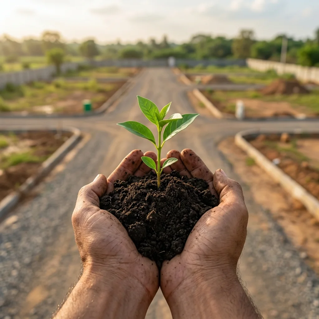 Hands holding rich soil — the land at Elimedu, Tiruchengode, ready to build on