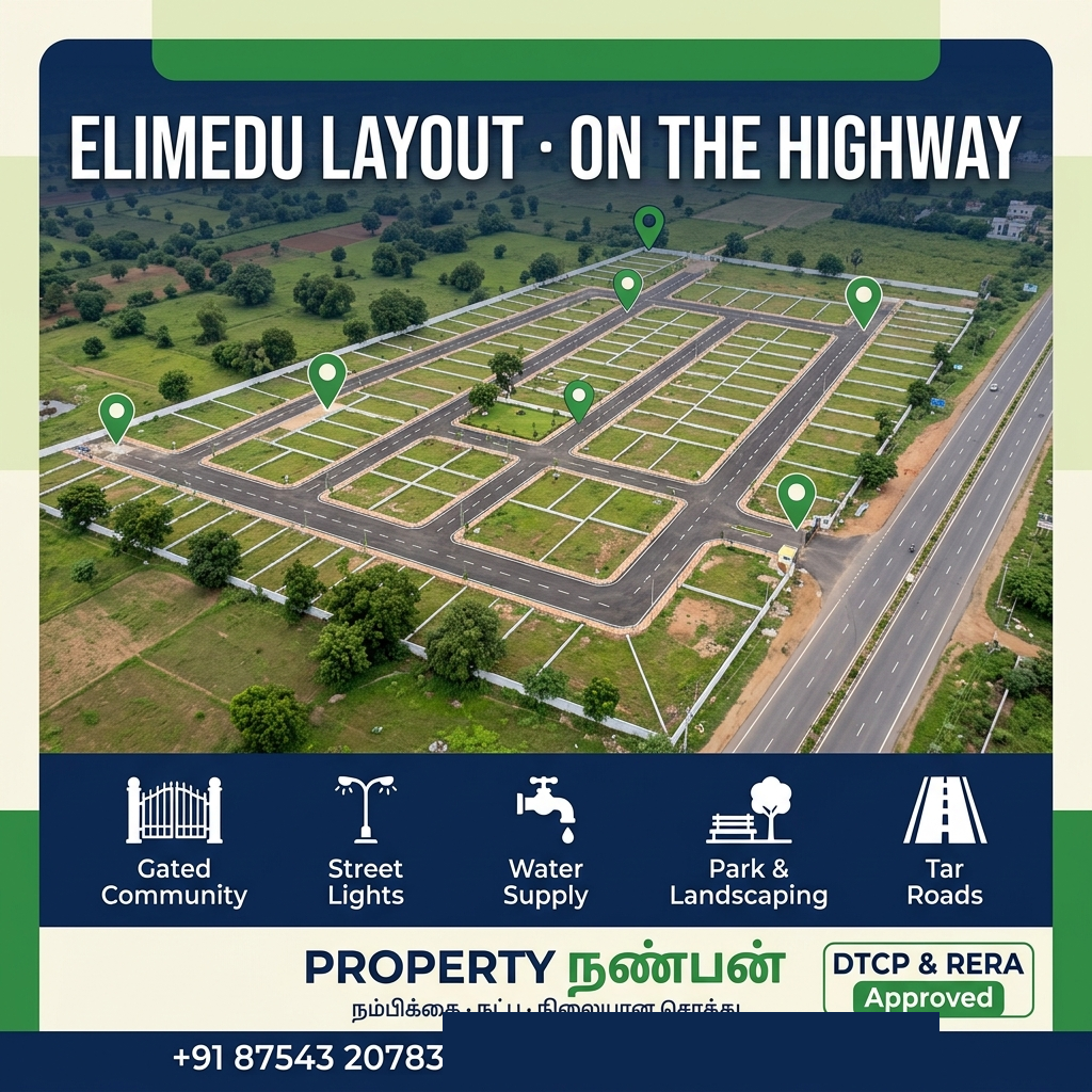 Aerial view of the Elimedu layout on the Thiruchengode–Rasipuram highway