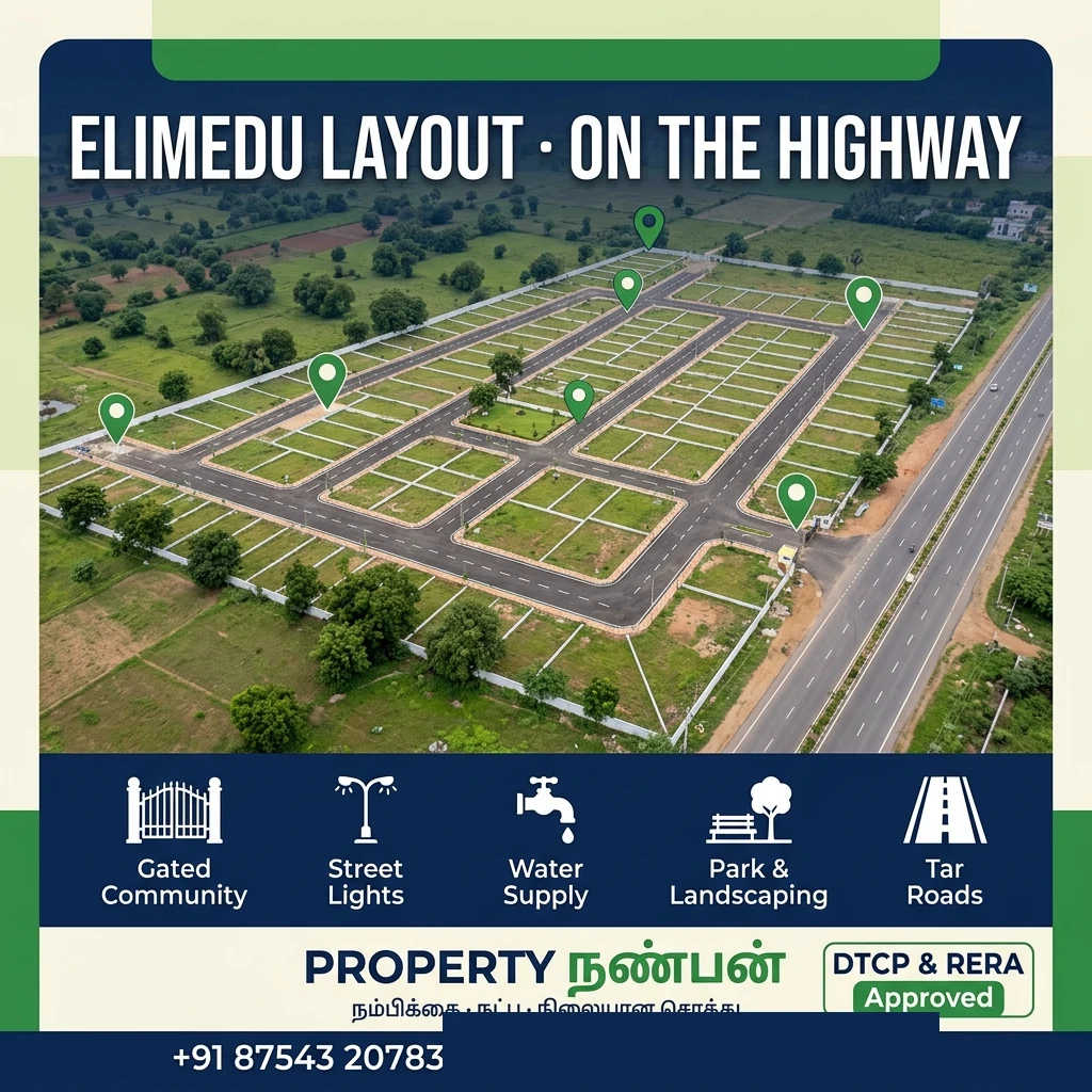 Aerial view of the Elimedu layout on the Thiruchengode–Rasipuram highway